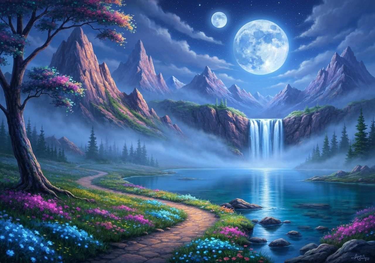 Twin Moons Over Fantasy Landscape