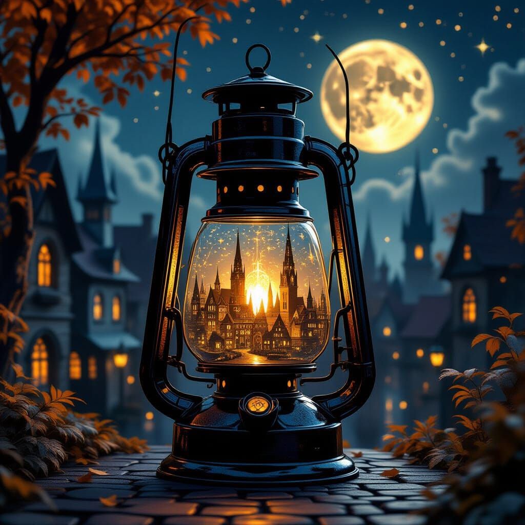 Gothic City Inside Lantern with Autumn Moon