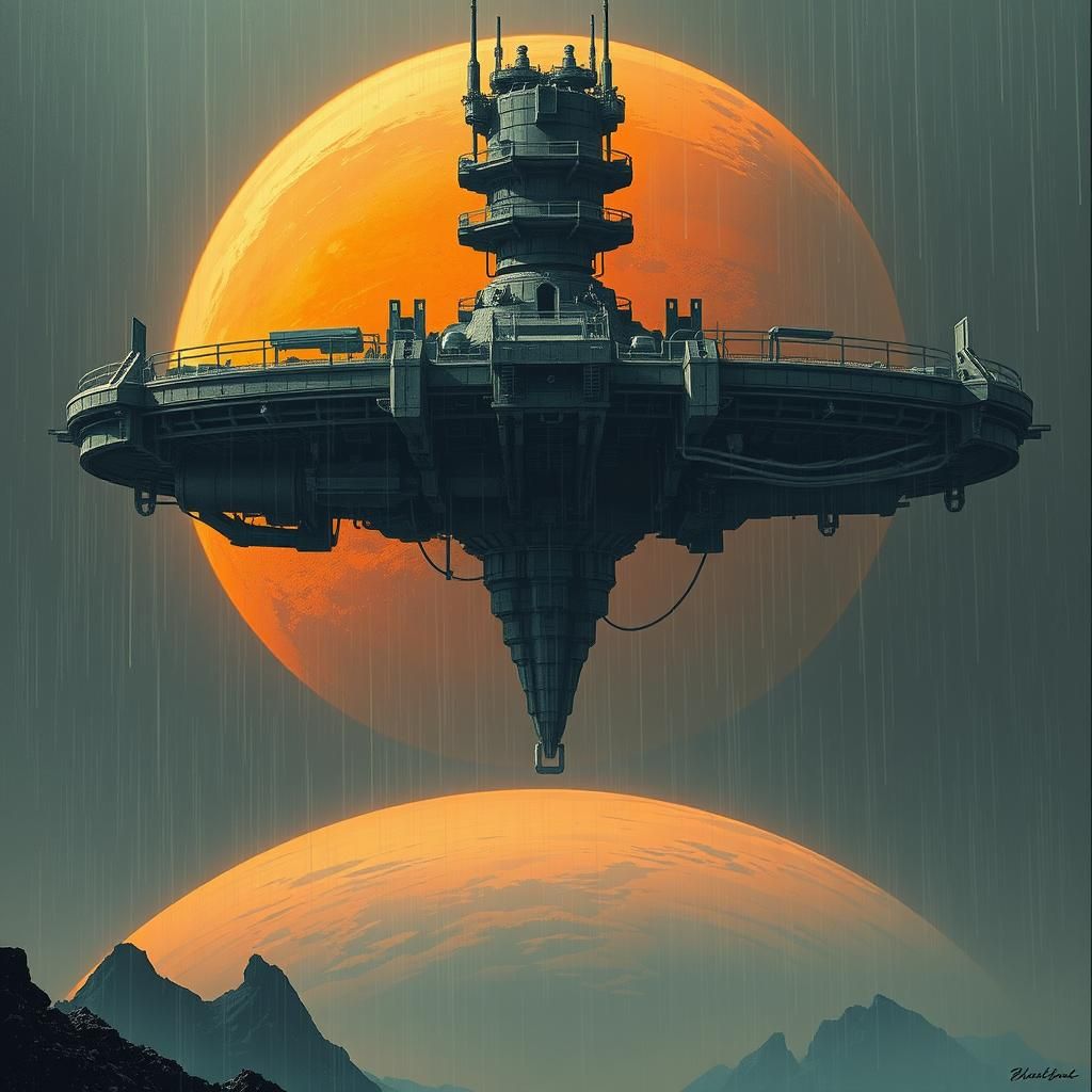 Industrial Space Station over Orange Planet