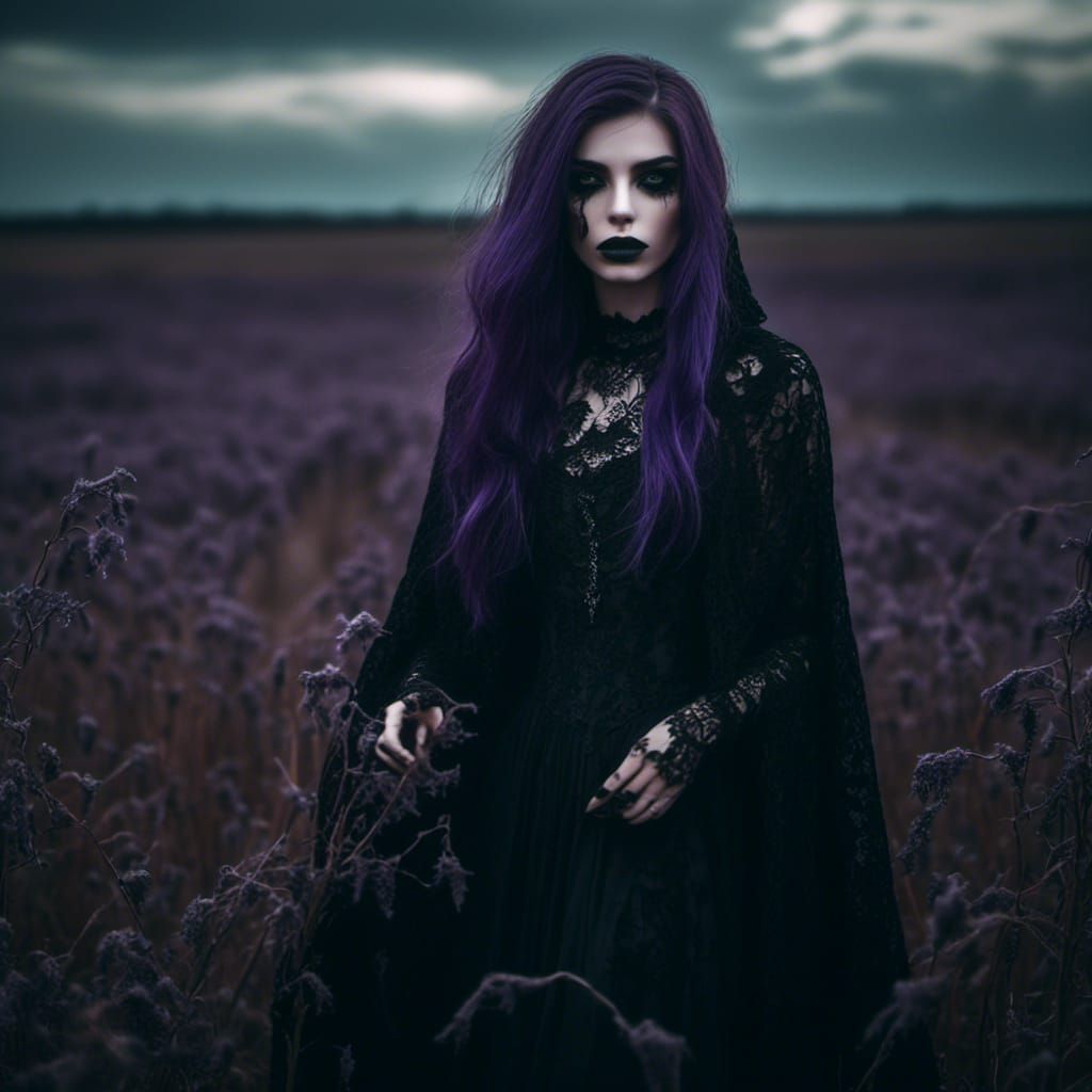 Ethereal Goth Girl in Nightshade Field: Dark Romanticism