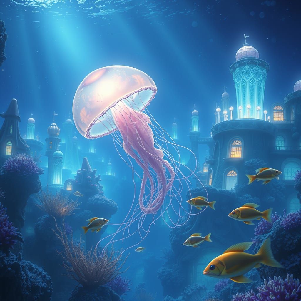 Ethereal Jellyfish in Bioluminescent Underwater Cityscape