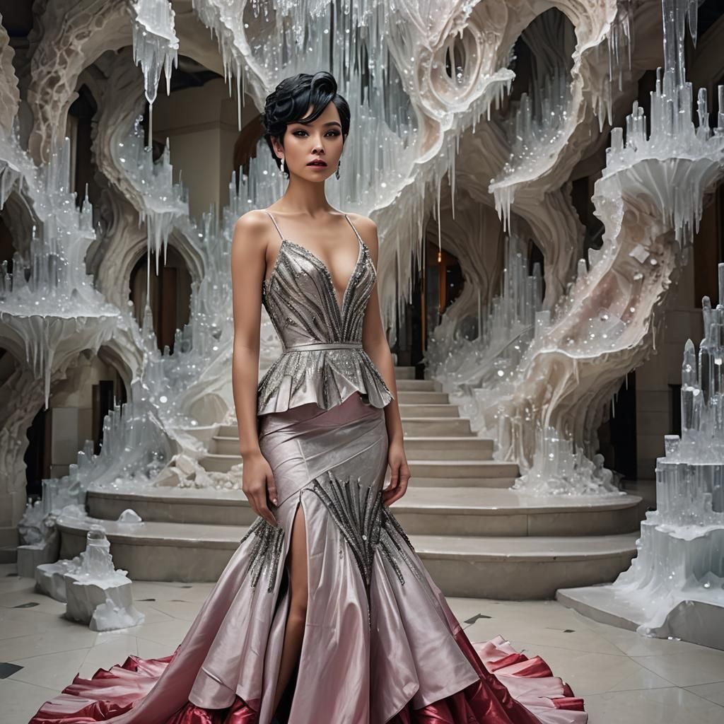 Woman in Crystal Dress in Ballroom, Hyperrealistic