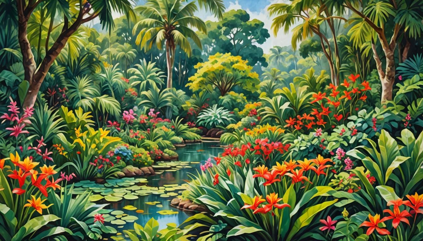 Island Garden Masterpiece in Impressive Gouache Style