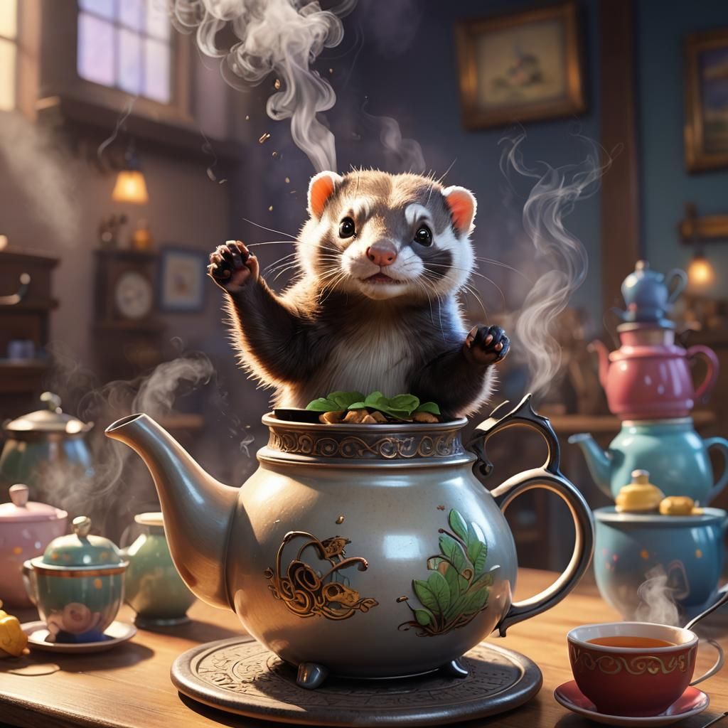 Ferret Steaming in Teapot: 3D Digital Art