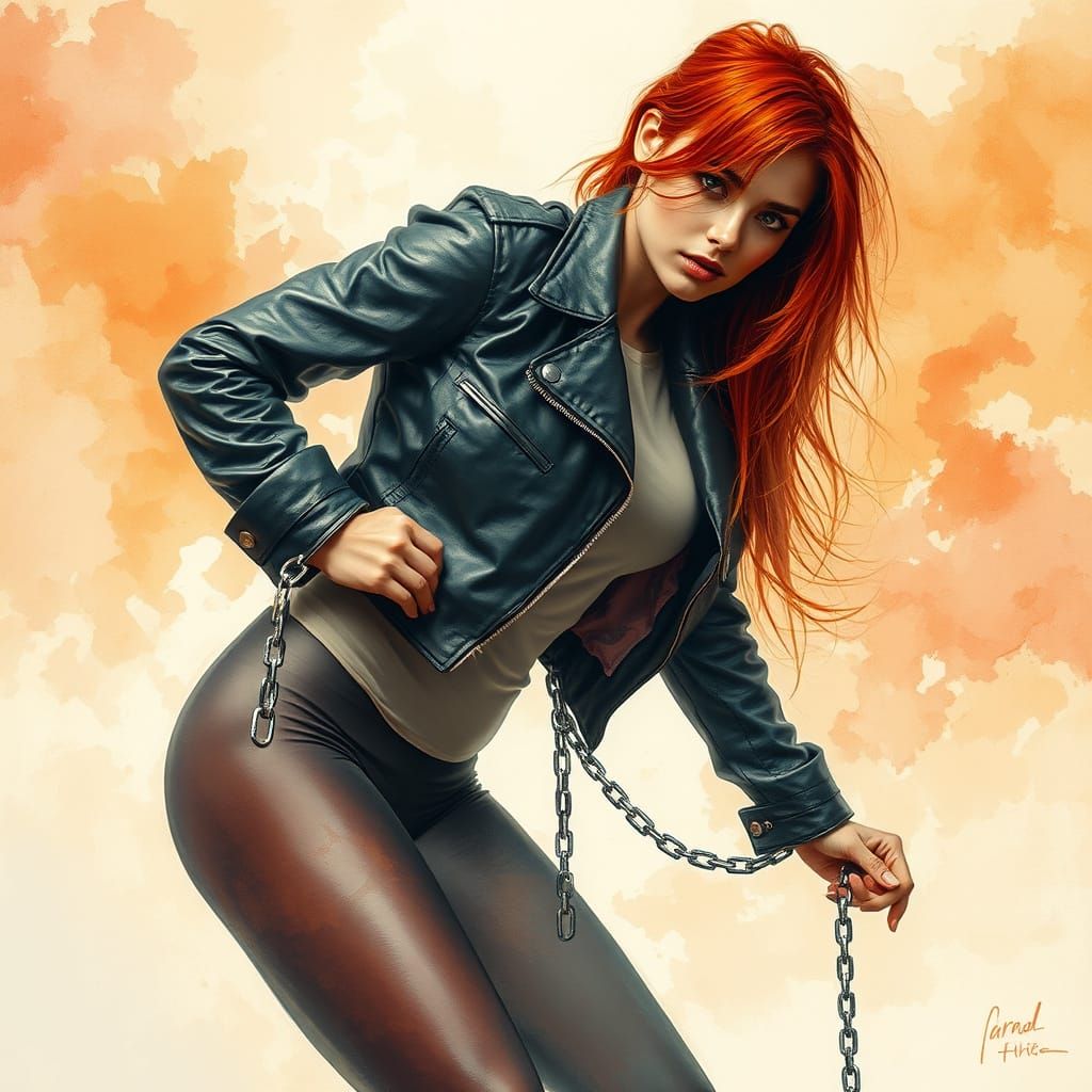 Red-Haired Woman Breaks Chains in Dreamy Watercolor Style