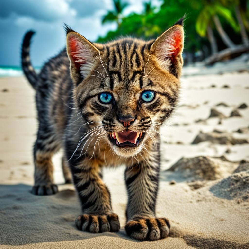 Hyperrealistic Sabretooth Kitten on Tropical Beach