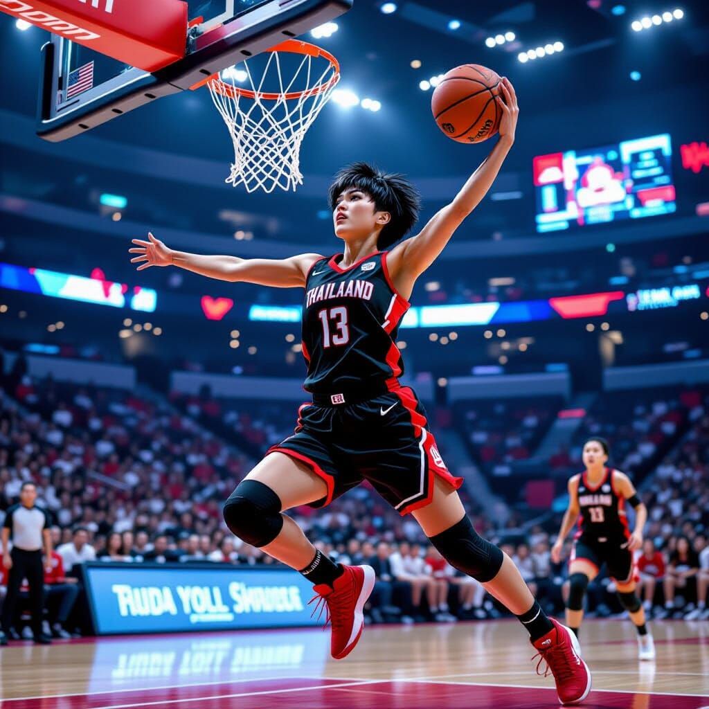 Fierce Thai Basketball Player in Futuristic Arena