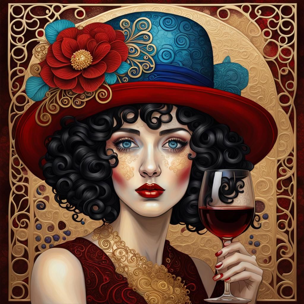 Elegant Woman with Wine: Klimt-Inspired Digital Portrait