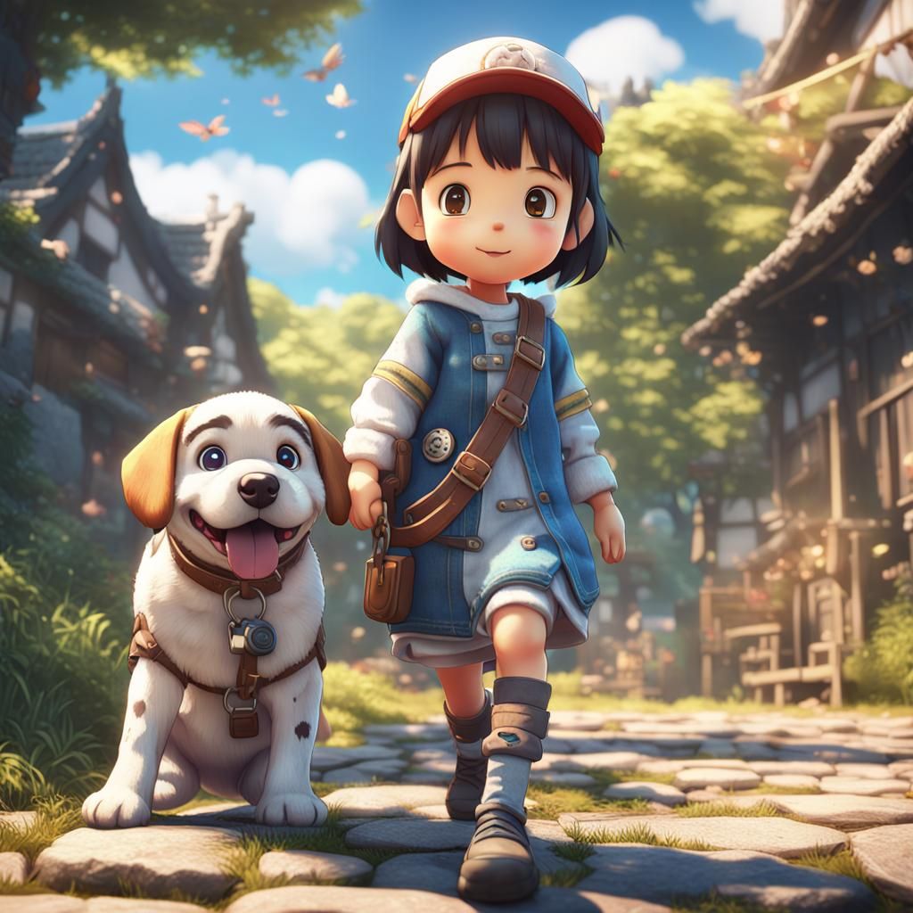 Girl and Dog in Patchwork Fabric, 3D Anime Art