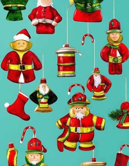 Vintage Fireman Ornaments Beside Picasso Watercolor