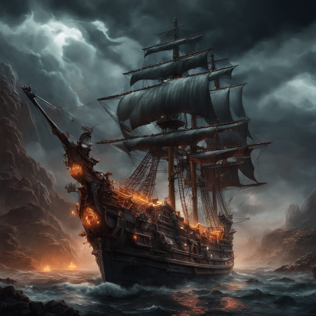 Vampire Pirate Ship Amidst Stormy Seas