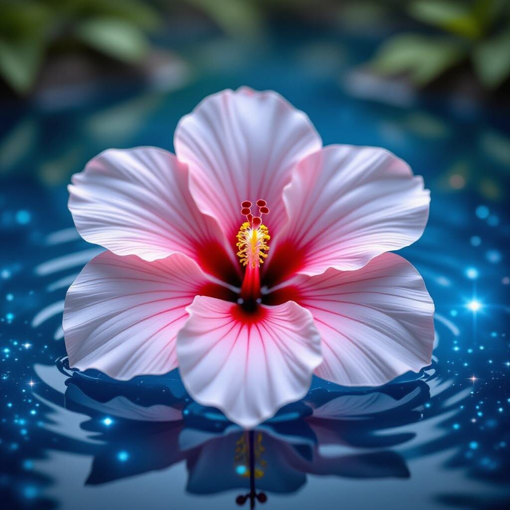 Paper Hibiscus Blooms in Cosmic Pond with Galaxies