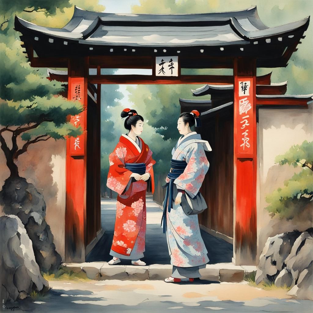 Samurai and Geisha in Gouache Style at School