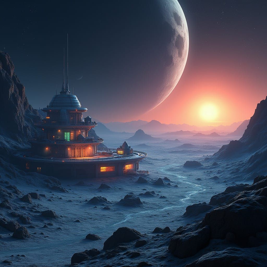 Lunar Oasis in Rugged, Neon-Drenched Terrain