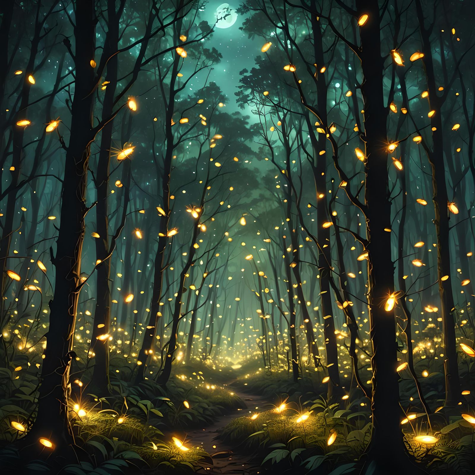 Fireflies Glow with Noctilucent Light in Forest