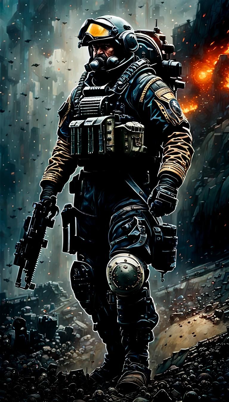 Helldiver Soldier in Full War Equipment: Hyperrealistic Port...