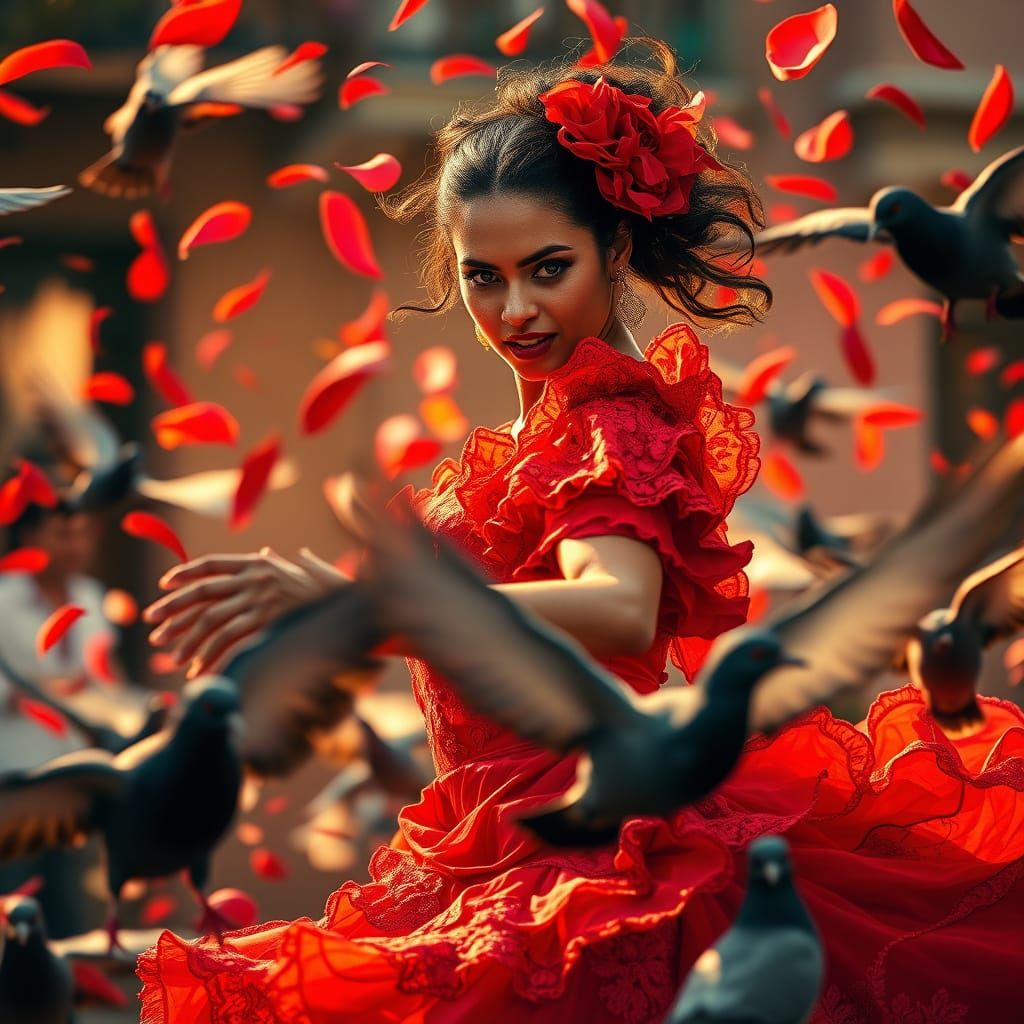Dramatic Cuban Woman Dances Among Pigeons in a Shower of Red...