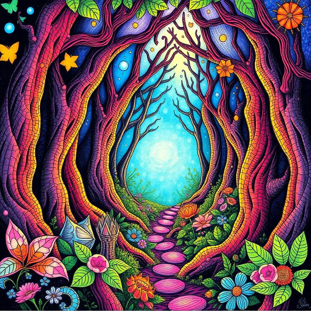 Vibrant Fairy Forest Pen and Ink Drawing