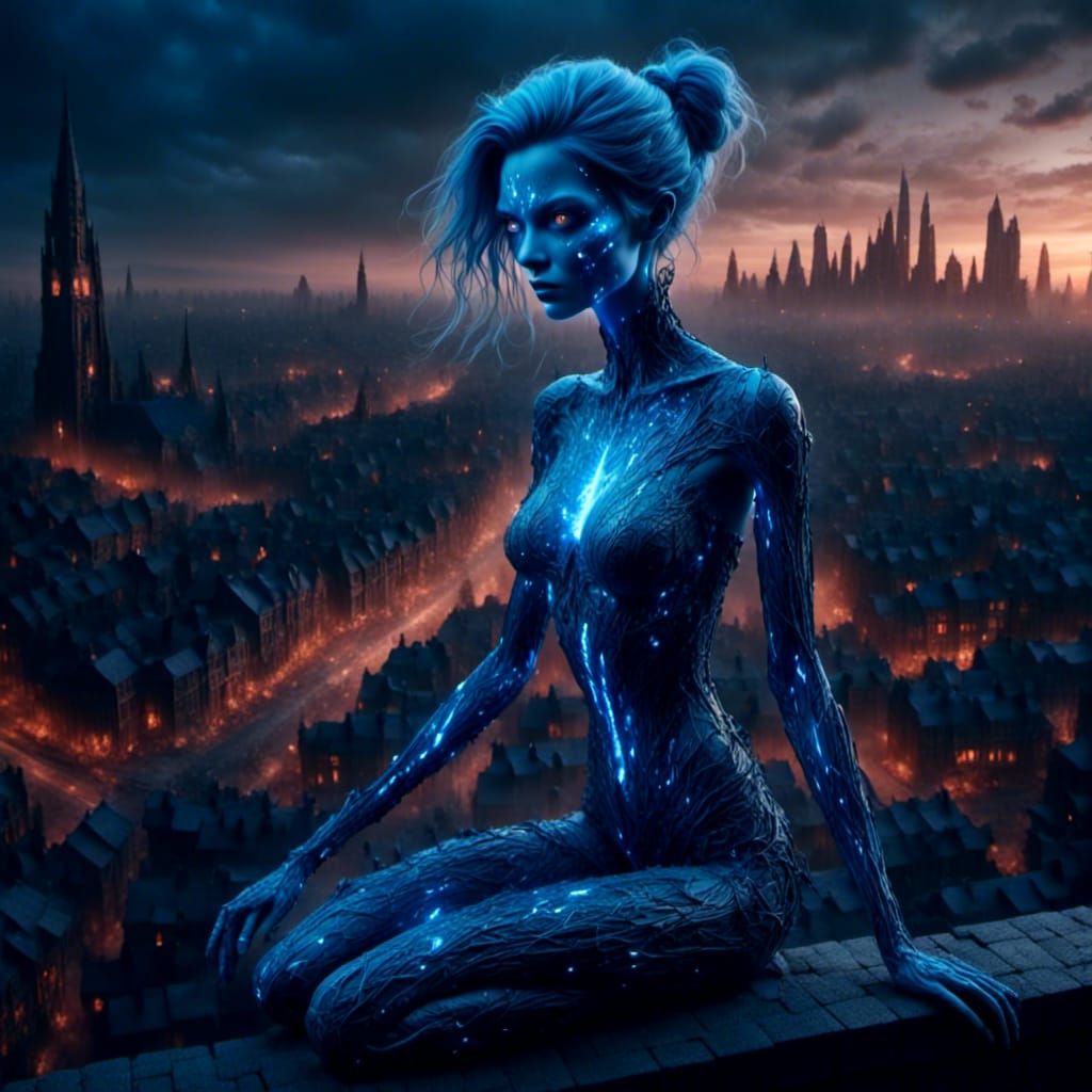 Blue Android Watches Burning Cyberpunk City