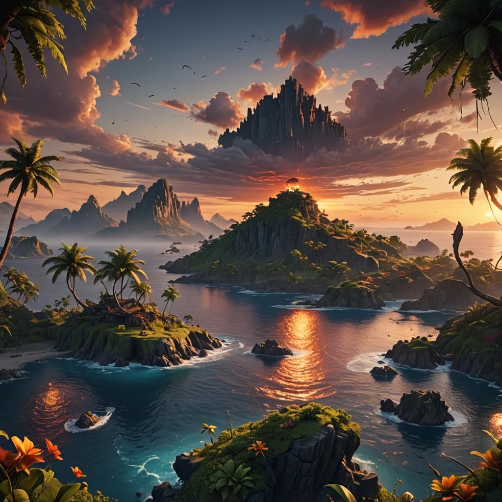 Fantastical Island Sunset in Detailed Matte Painting
