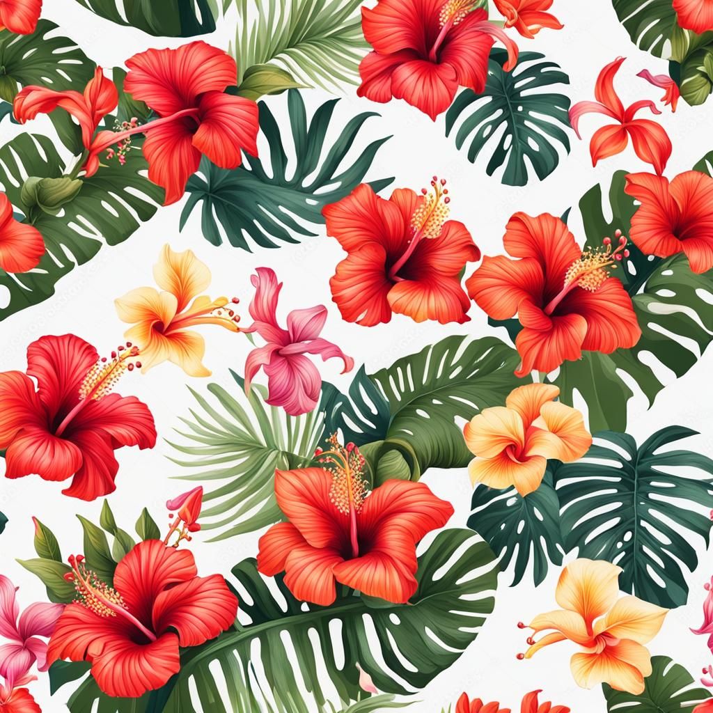 Vibrant Tropical Flowers Seamless Pattern on White