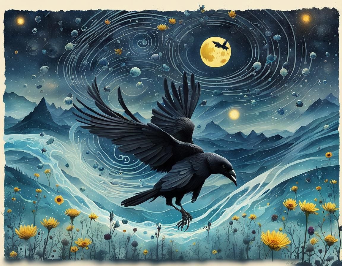 Surreal Yin Yang Raven Landscape in Watercolor Style