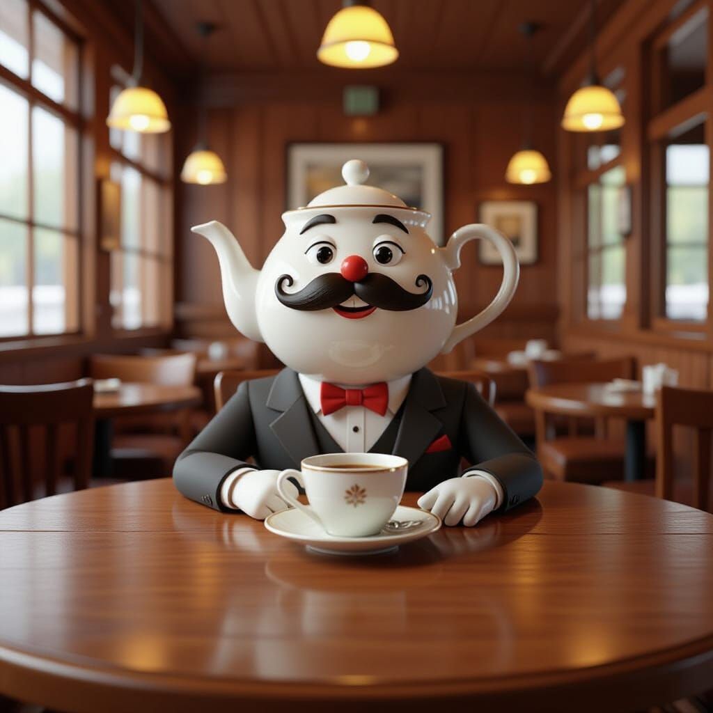 Anthropomorphic Teapot in Suit Waits at Restaurant Table