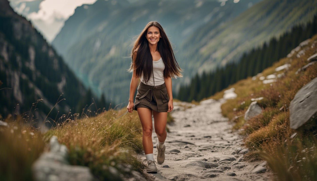 Smiling Girl Hiking in the Mountains