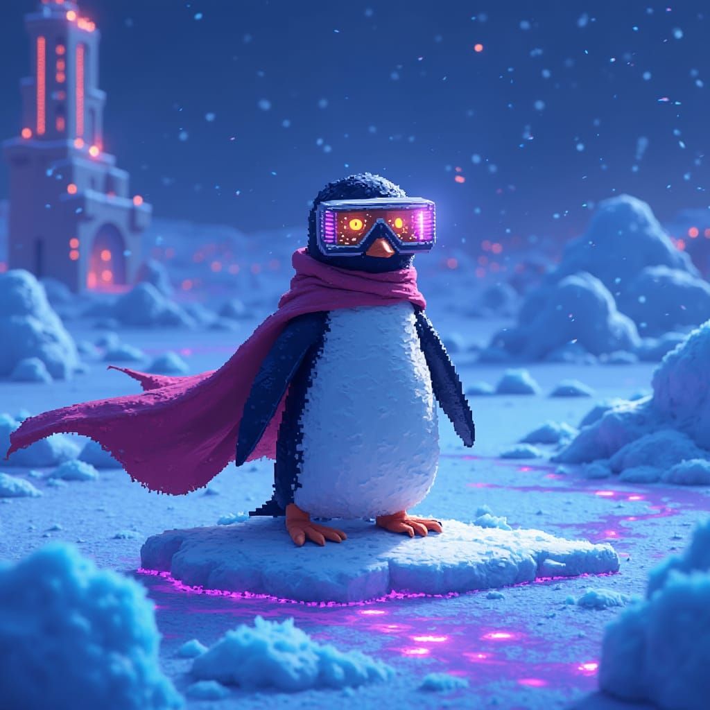 Pixel Penguin on Frozen Tundra in Cyberpunk Style
