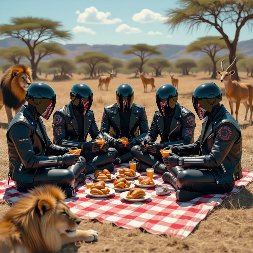 Robots' Safari Picnic in a Dark Sci-Fi Style