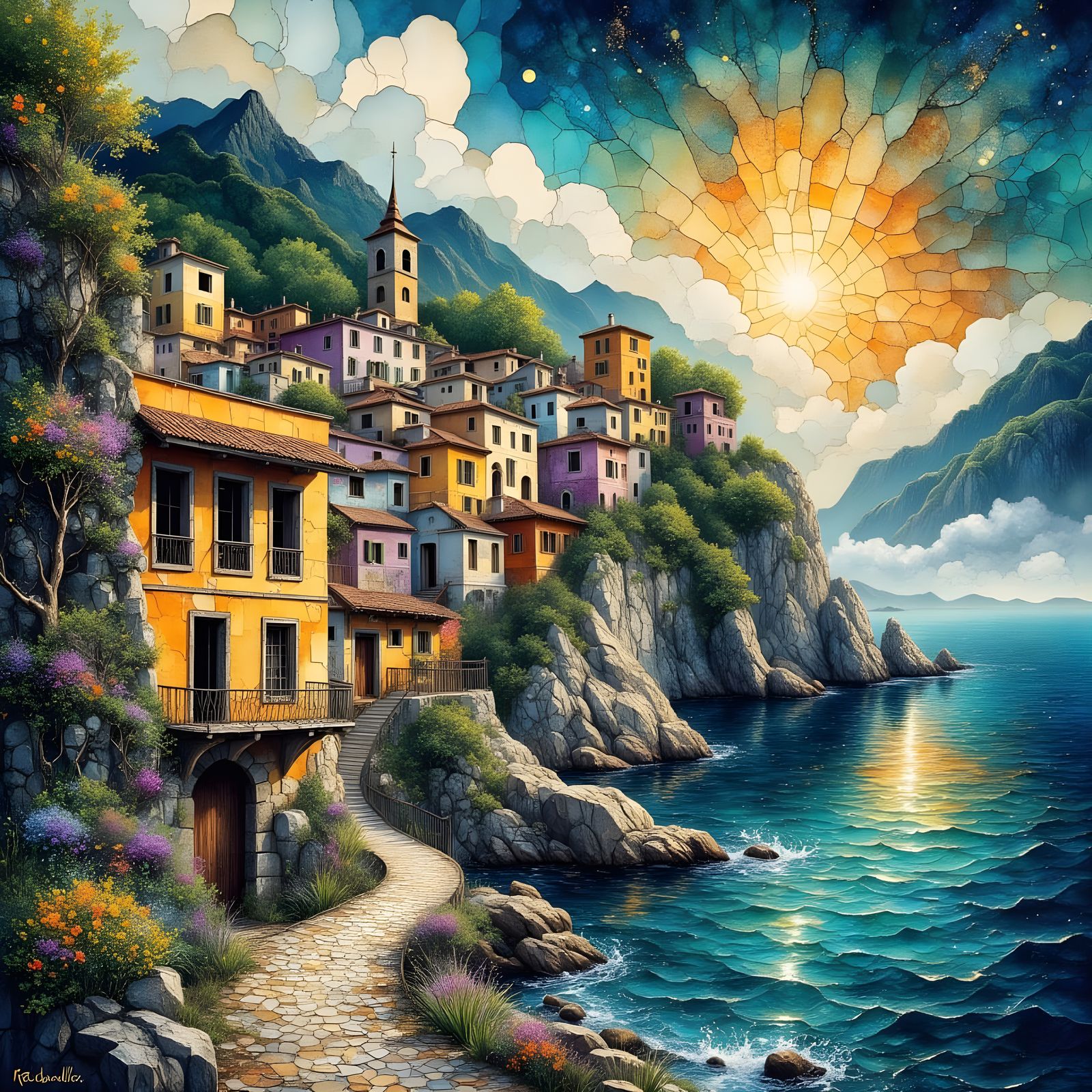 Enchanted Coastal Village in Mist, Romantic Style