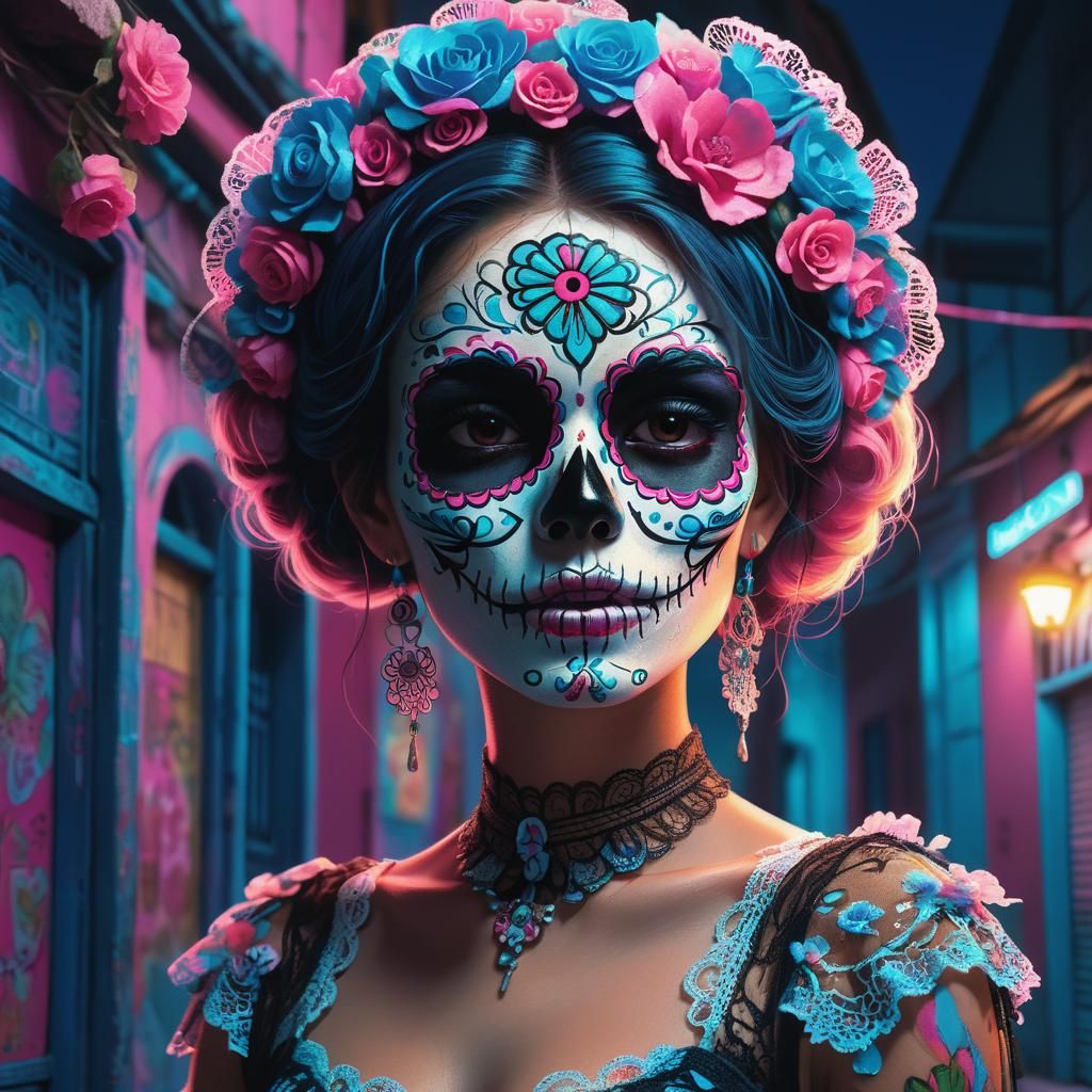 Neon Catrina Portrait in Cyberpunk Style