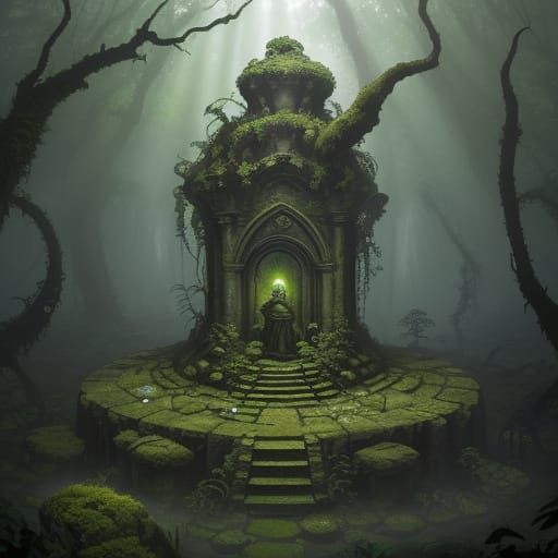 Mossy Tardigrade Statue in Overgrown Temple Ruins