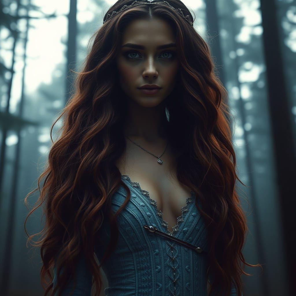 Majestic Metis Girl in Mystical Forest with Minimalist Persp...