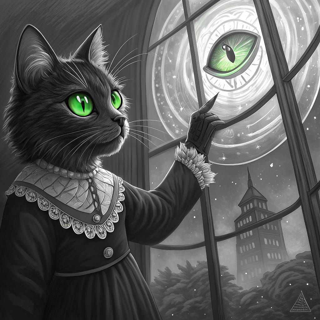 Anthropomorphic Cat in Hypnotic Black and White Sketch