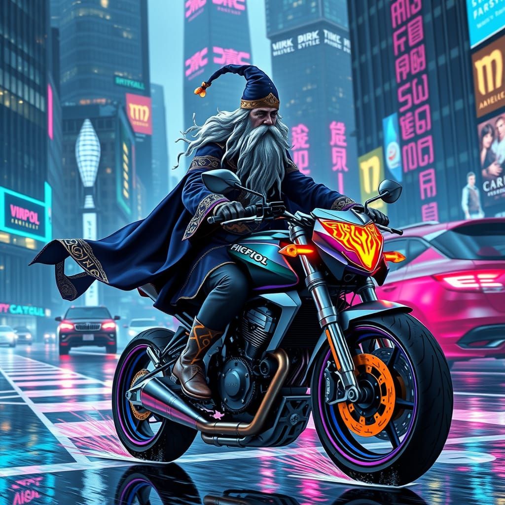 Regal Wizard Rides Futuristic Motorcycle Through Neon-Lit Ci...