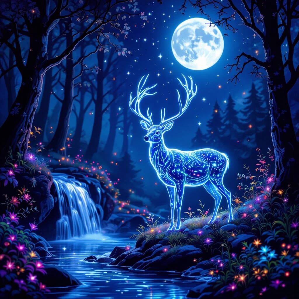 Bioluminescent Deer in Magical Forest, Cosmic Illustration