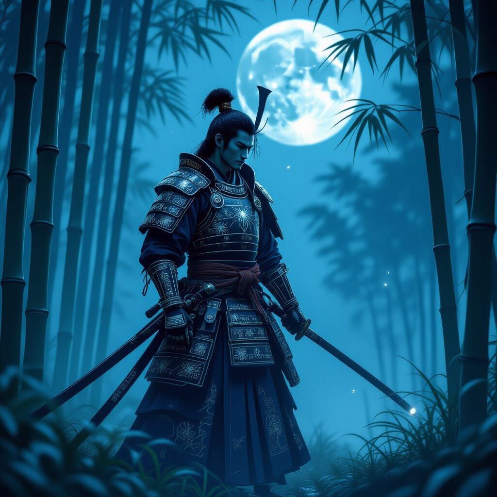 Samurai in Luminous Silk Armor in Mystical Bamboo Forest