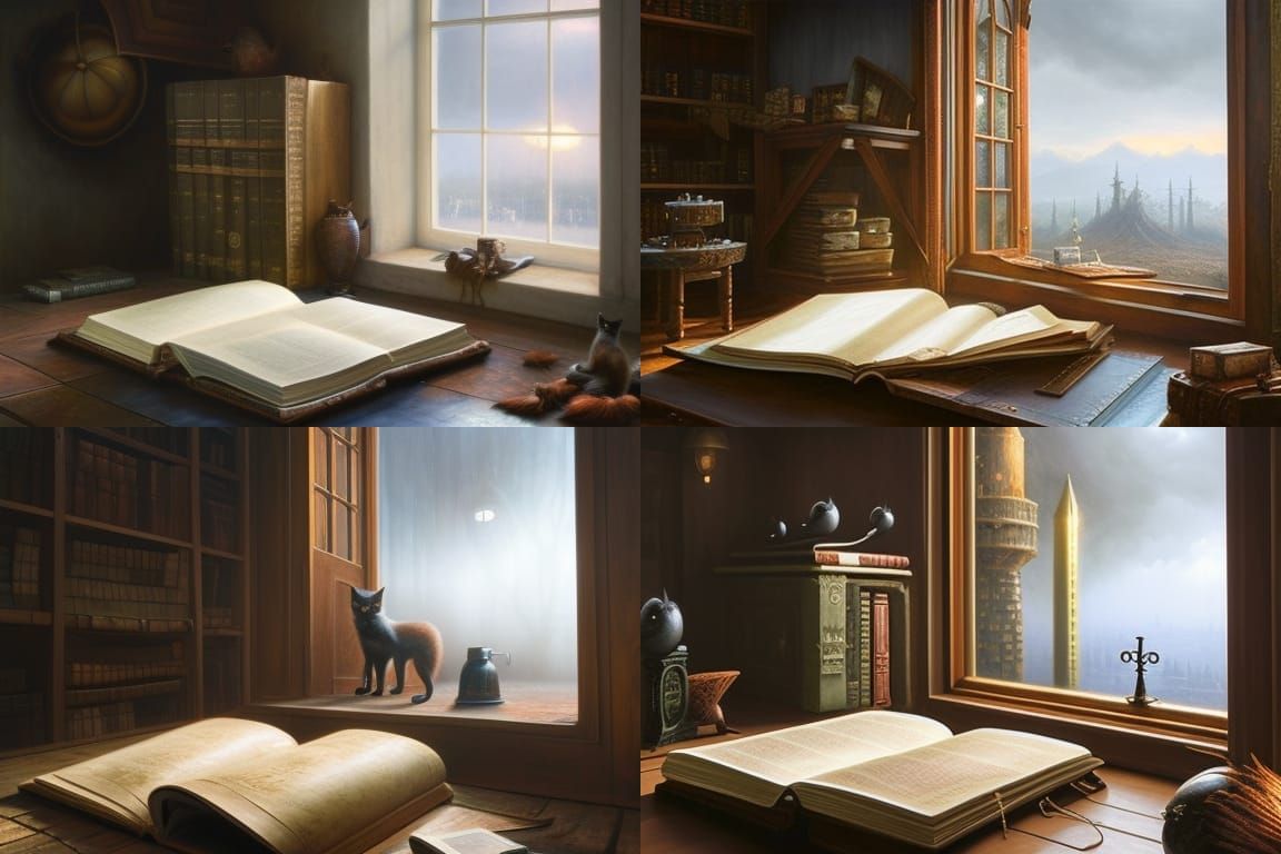Black cat sleeping on a spellbook, wizard workshop, by Peter Gric, Lee Madgwick, Thomas Kinkade, Clint Clearley and Stev...