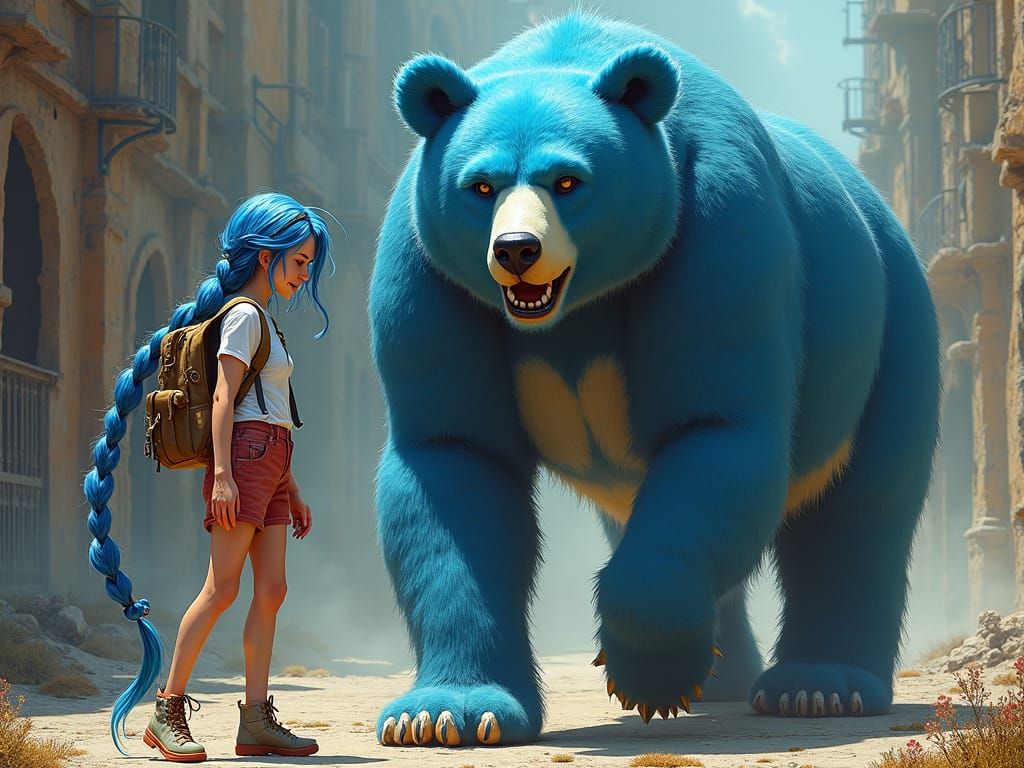 Post-Apocalyptic Woman with Blue Bear, Comic Style