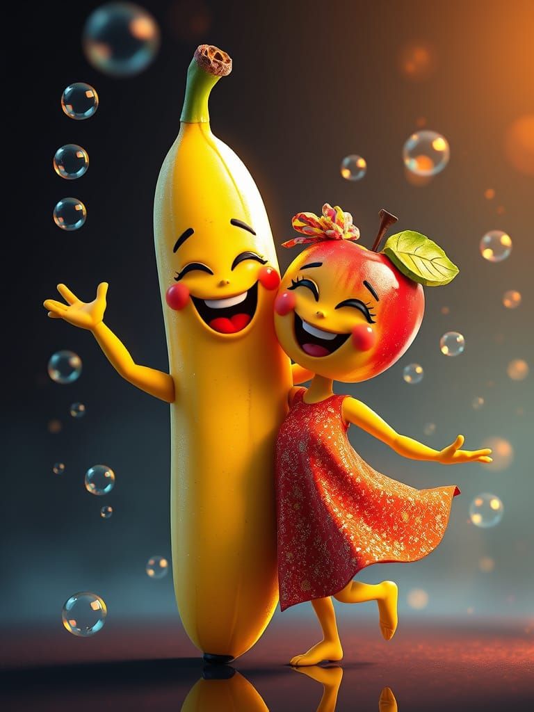 Cheerful Banana and Apple Couple Dancing in Glittering Bubbl...
