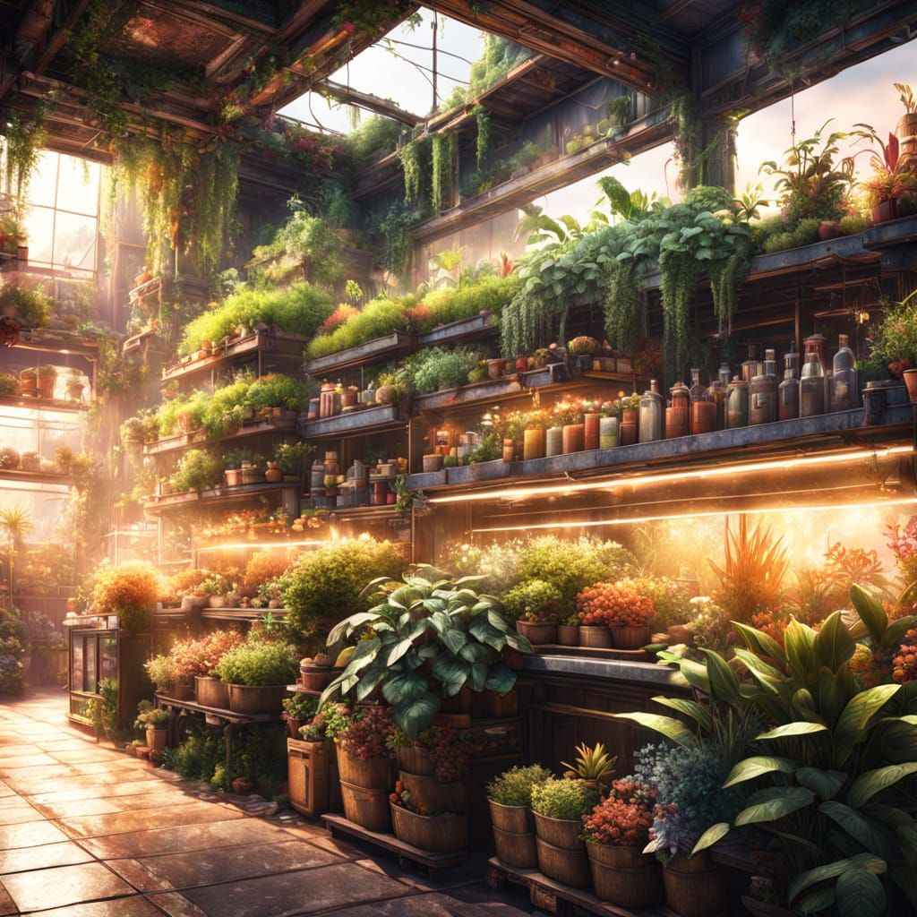 Vibrant Bodega Overgrown with Exotic Plants in Fantasy Art
