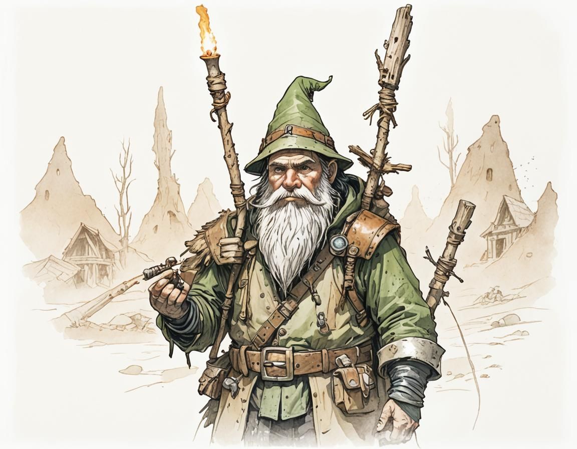Gnome Artificer in Neolithic Village: Fantasy Illustration