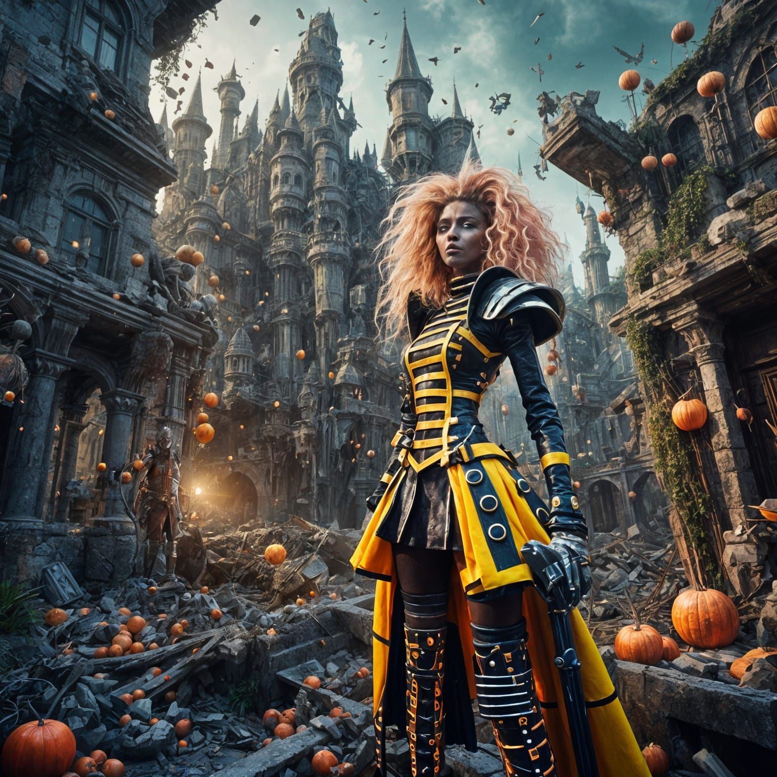 Knight in Ruins of Futuristic City