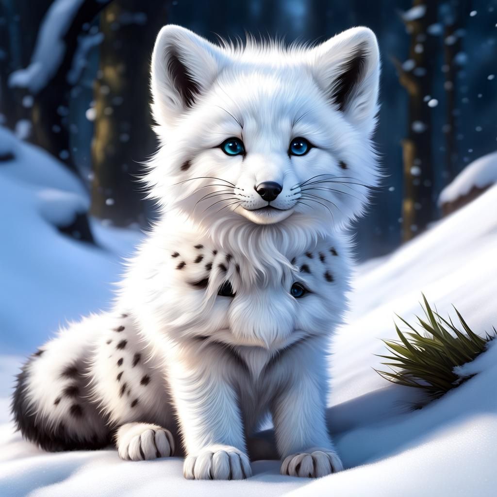 Fluffy White Fox Pup with Snow Leopard Fur