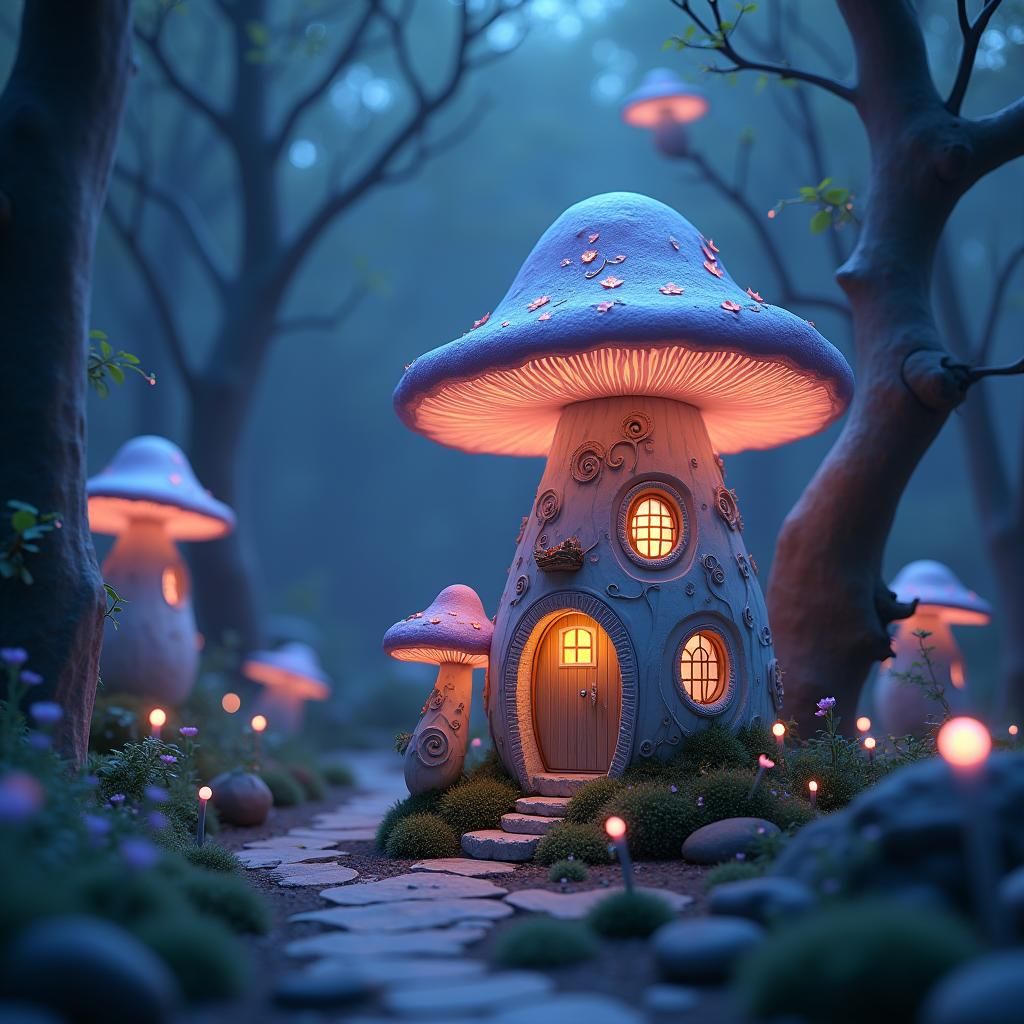 Whimsical Fairy Mushroom House in Dreamlike Bioluminescent F...