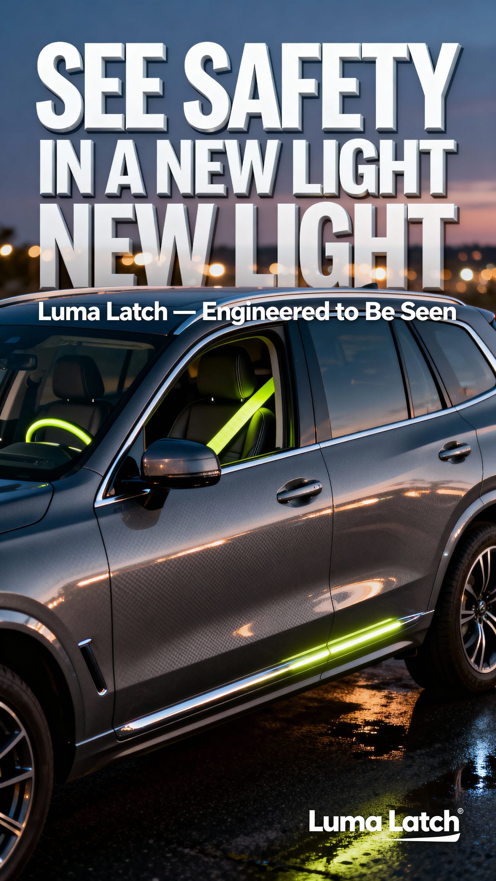 Premium SUV Interior at Dusk with Neon Seatbelt Glow