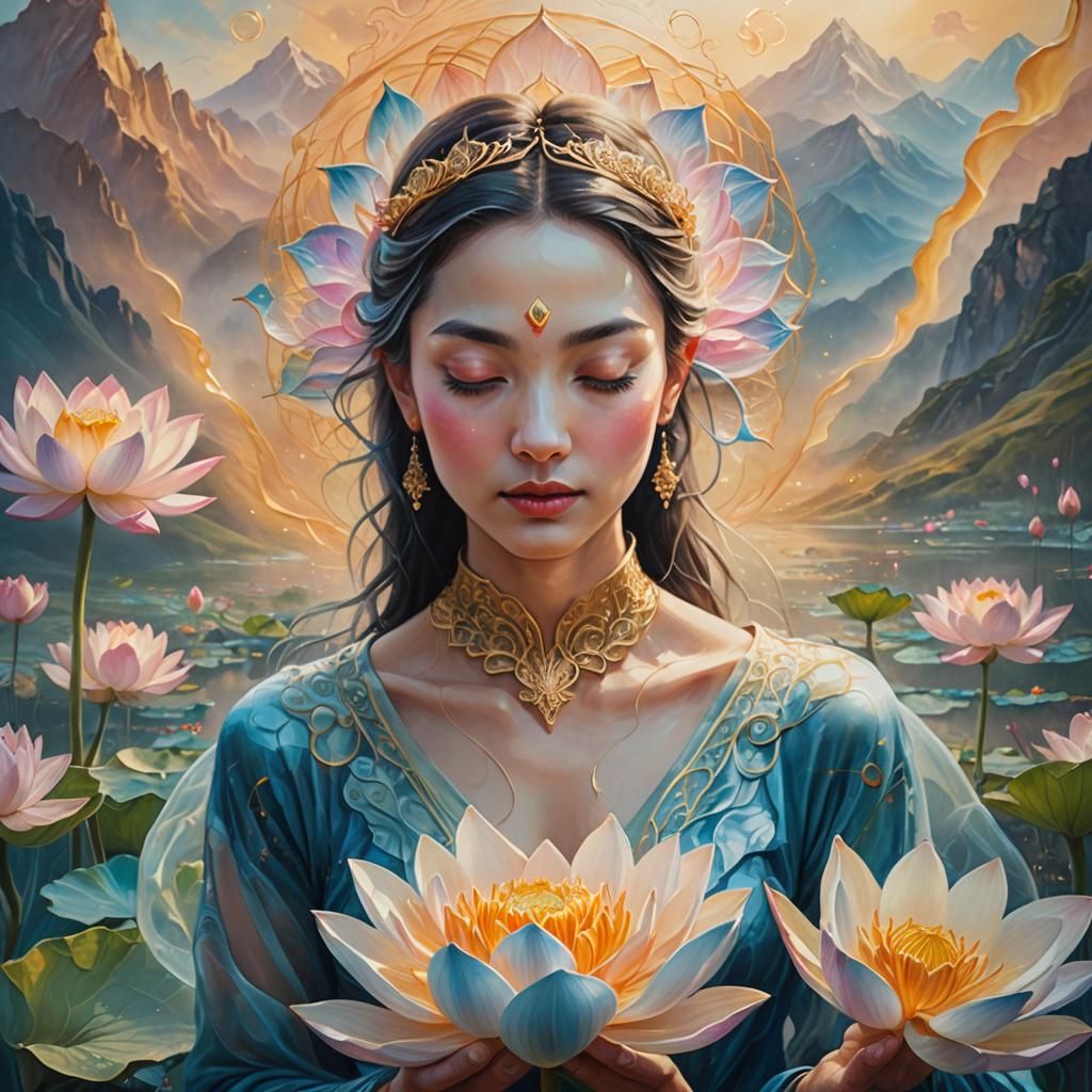 Mystical Woman Reborn from Lotus Flower in Surrealism