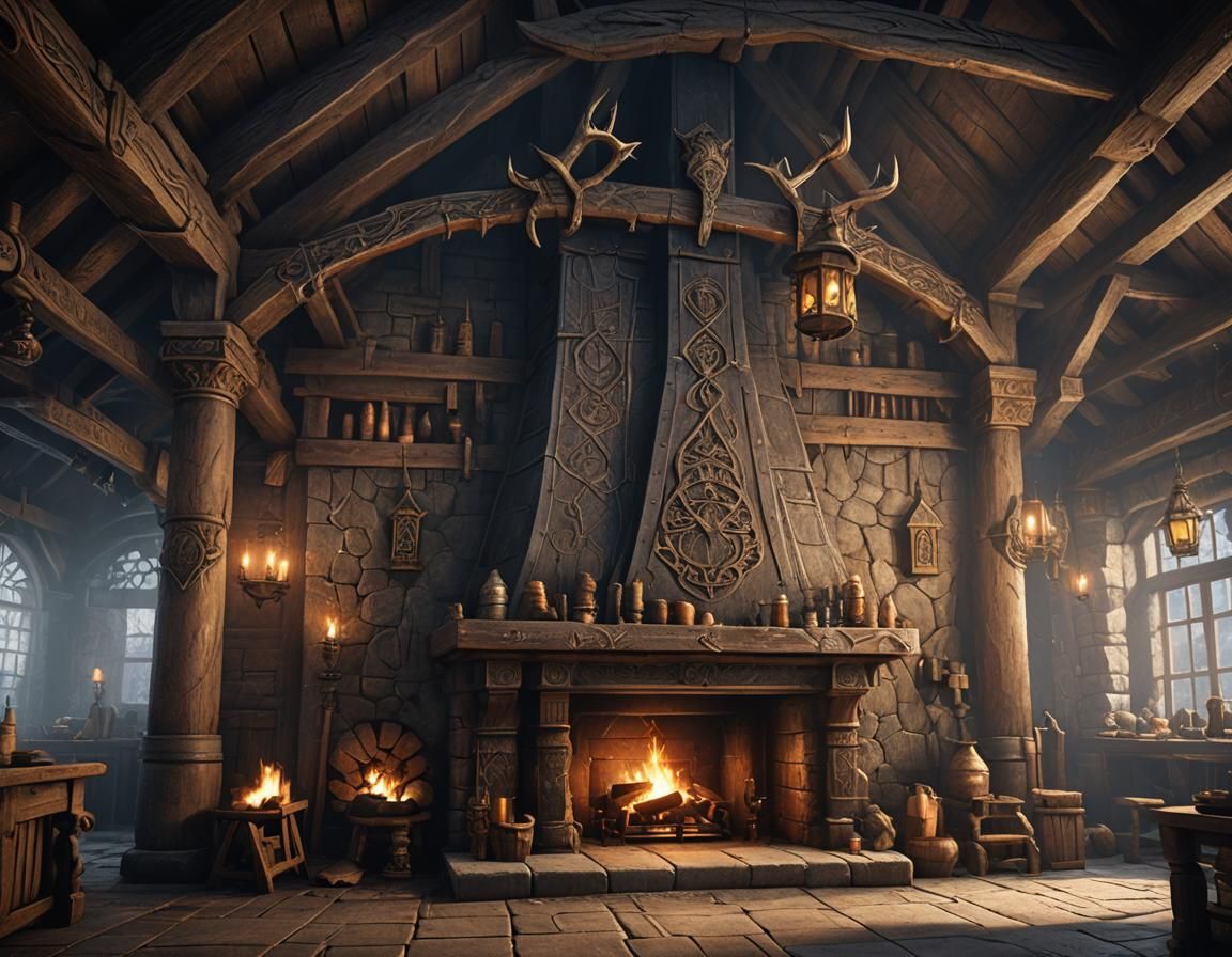 Viking Mead Hall Interior with Fireplace