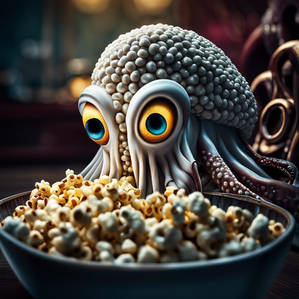 Hyperrealistic Squid Enjoys Popcorn, Cinematic Lighting